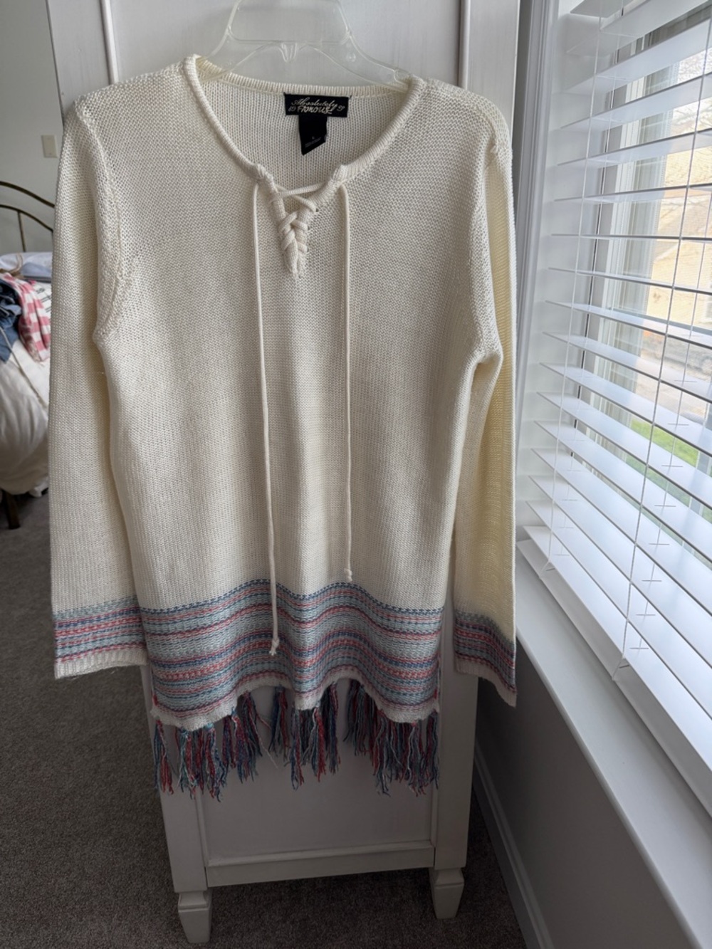 Absolutely Famous Cream Lace-Up Crew Sweater with Multicolor Stripes & Fringe